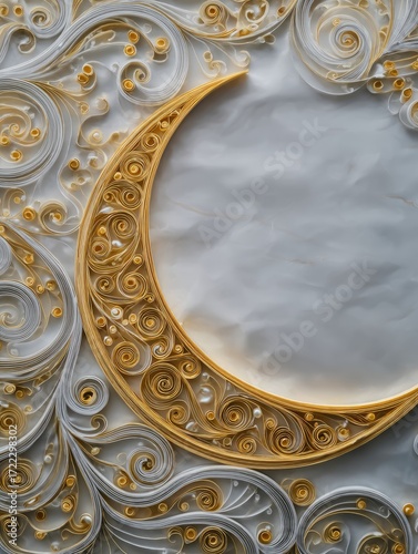 A detailed paper quilling design features a crescent moon shape, intricate swirls, and delicate gold accents against a backdrop of white paper.