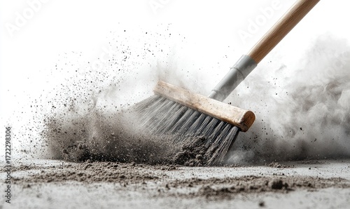 A broom sweeps away dust and dirt