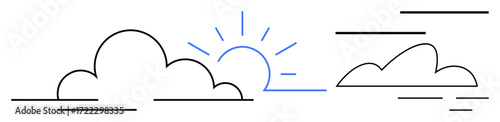 Clouds and sun rising with soft horizontal lines suggesting wind or movement. Ideal for weather, optimism, environment, renewal, energy, transition, clarity themes. Simple flat metaphor