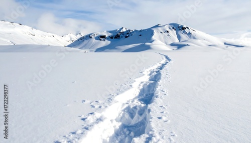 A trail of footprints cuts through pristine snow, leading towards a majestic mountain range under a clear blue sky