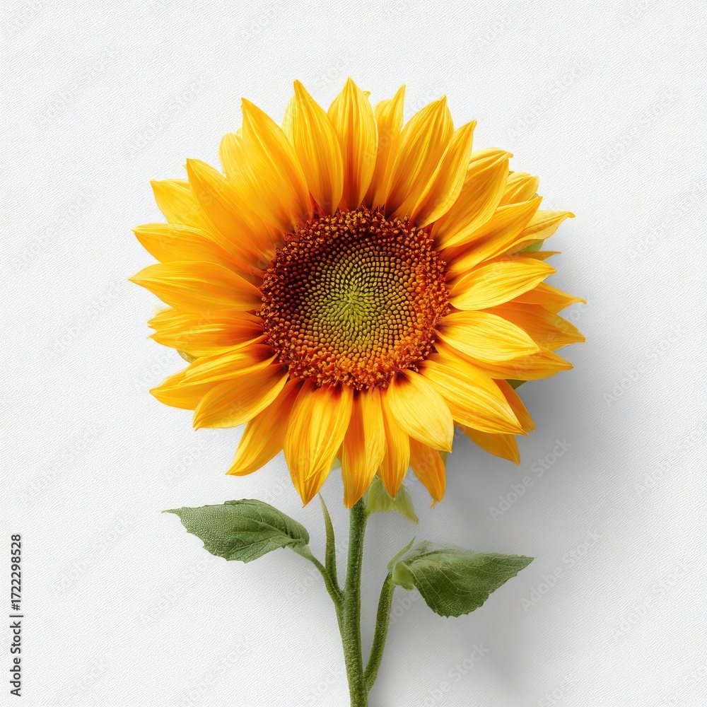 Fototapeta premium Single sunflower, vibrant yellow petals, dark center, green leaves, studio shot, white background