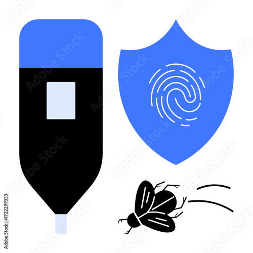 Black precision pen, blue shield with fingerprint design, and insect metaphor. Ideal for cybersecurity, technology, authentication, identification, anti-fraud innovation digital safety. Simple flat