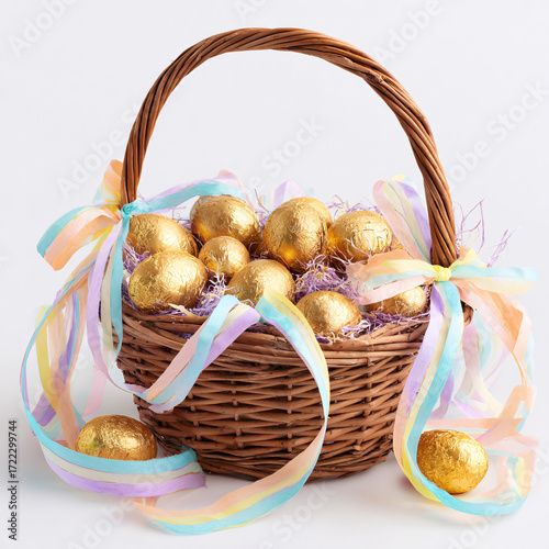 A vibrant basket filled with painted Easter eggs, symbolizing the festive spirit of Easter, with a focus on springtime joy and renewal.