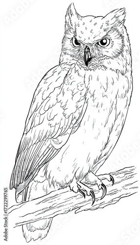 Detailed line drawing of an owl perched on a branch, showcasing intricate feather details and a focused expression.