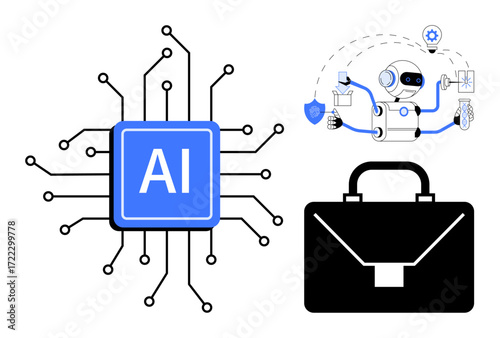 AI chip with connected circuits, robot handling automation tasks, and briefcase representing business applications. Ideal for technology, automation, AI, robotics, innovation, business and digital