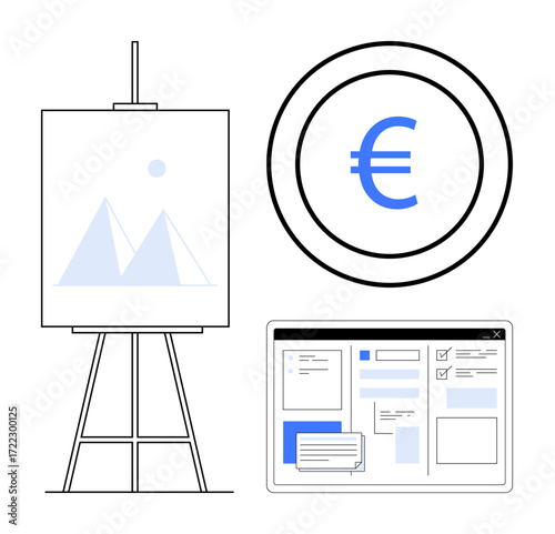 Canvas on easel with minimalist graphics, coin with euro sign, web interface layout box. Ideal for creativity, design, economy, web UX, brainstorming, digital transformation simple flat metaphor