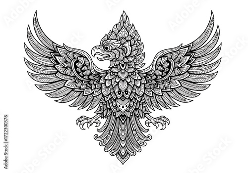 Intricate Ornate Garuda Bird Emblem Design, Traditional Symbolism and Cultural Heritage