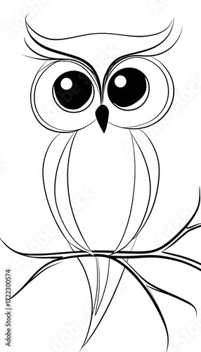 A stylized, black-and-white illustration of an owl with large, expressive eyes, perched on a branch, showcasing intricate line art.