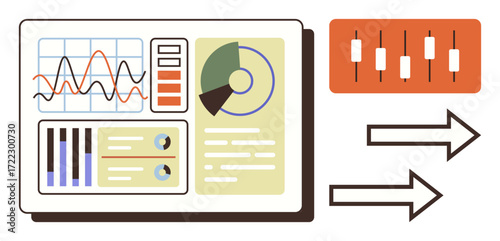 Analytics dashboard featuring line graphs, pie charts, and candlestick chart with arrows symbolizing trends. Ideal for finance, strategy, business, technology, data analysis, forecasting simple flat