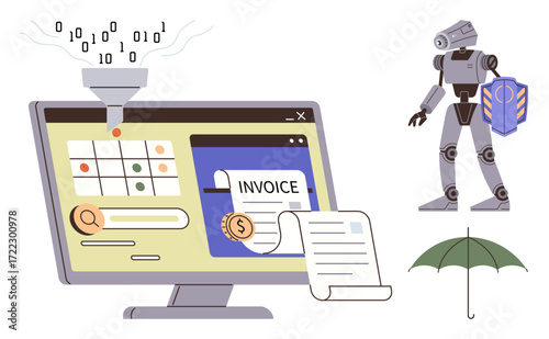 Desktop screen with data funnel, invoice display, robot holding shield, umbrella symbolizing risk protection. Ideal for automation, data security, finance, insurance robotics AI fintech. Simple