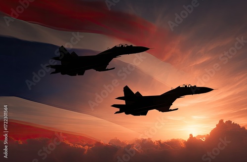 Silhouette fighter jets over a vibrant sunset with a Thai flag backdrop