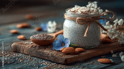 Chia seed pudding with coconut flakes on a wooden board with flaxseed
