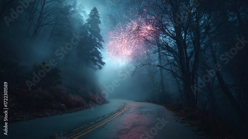 Mysterious forest road fireworks night