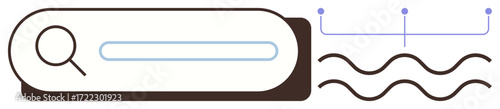 Search bar with magnifying glass, abstract wavy lines, and dotted nodes connected by lines. Ideal for data search, research, connectivity, navigation, internet technology interface. Simple flat