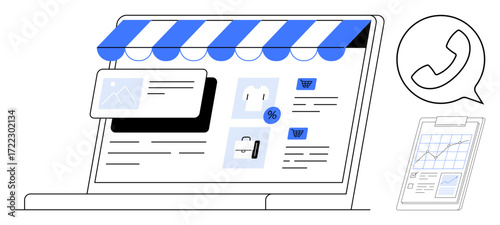 Laptop screen displaying online shop layout with products, discount badge, documents, and phone call bubble. Ideal for e-commerce, marketing, customer support, sales, analytics retail digital