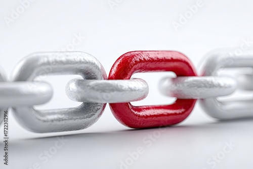 A single red link in a chain of silver links against a plain white background. The red link is clearly distinct and positioned centrally within the chain.  The links have a textured surface