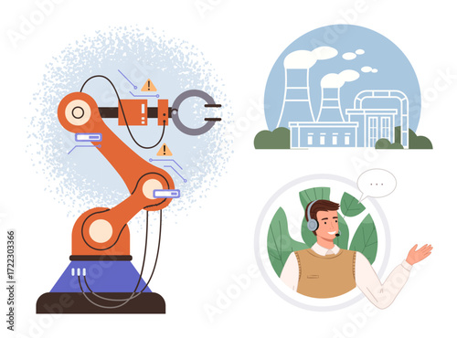 Robotic arm operating, industrial plant emitting smoke, male operator communicating via headset. Ideal for automation, manufacturing, industry 4.0, AI, engineering telecommunication sustainability