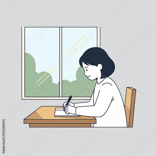 Simple Minimalist Flat Vector Illustration of a person writing in a journal by a window.