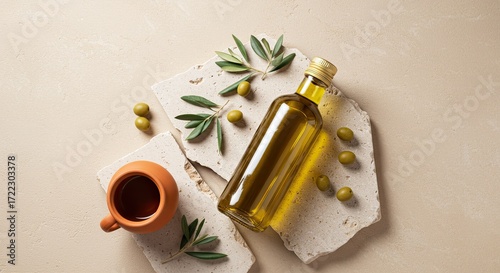 Elegant still life featuring olive oil bottle, olives, and terracotta cup on stone tiles