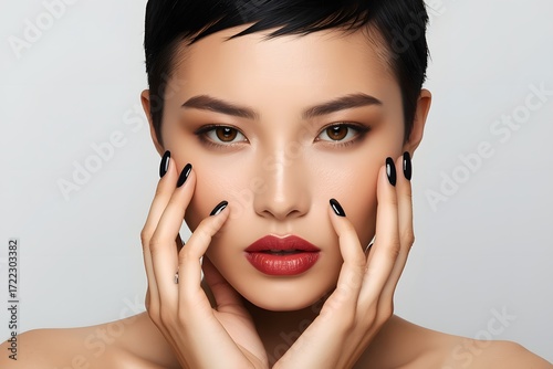 Face of a asian woman with beautiful dark nails and red lips.
