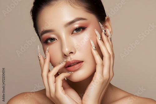 Portrait of a beautiful asian woman with art make up in glamorous style, creative long nails.