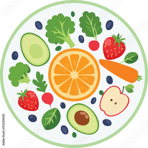 A plate of healthy, organic food including fruits and vegetables like oranges, avocados, and broccoli. A top-down vector concept for a balanced diet. Generative AI