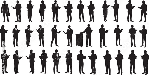 Business people silhouette collection, office posture, professional gestures, presenting and discussing ideas, black vector set.eps