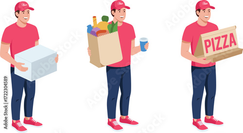 Cartoon delivery man, holding box, grocery bag, pizza, courier service, food delivery, express shipping, urban logistics, red uniform, vector illustration