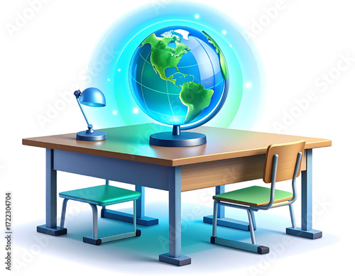A school desk with a glowing globe, representing global learning and education.