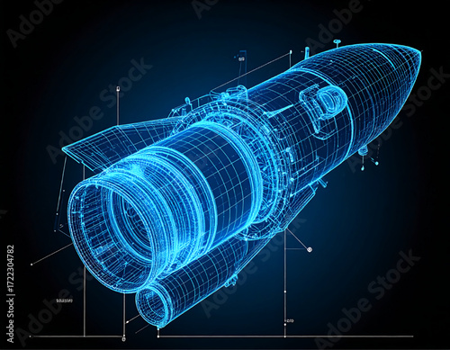 Wireframe model of a futuristic rocket, detailed design, glowing blue, space exploration concept.
