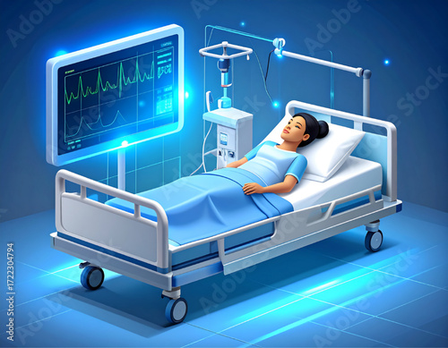 A patient resting in a hospital bed, monitored by medical equipment.