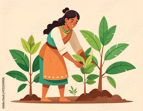 A woman tending to young plants, carefully adjusting their leaves in a garden.
