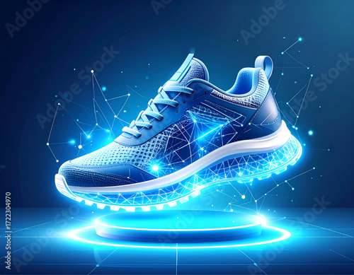 A futuristic blue sneaker floats above a glowing platform, surrounded by digital network connections.