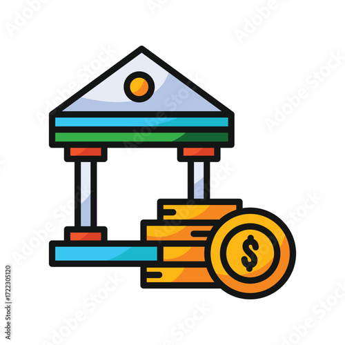 Bank building with coins icon