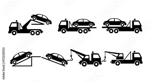 Tow truck silhouette icon set showing various vehicle recovery and roadside assistance actions like loading and hauling on a white background.