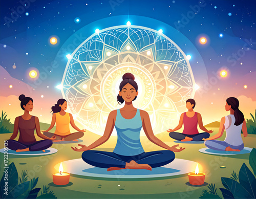 Group of people meditating in lotus position outdoors under a glowing mandala.