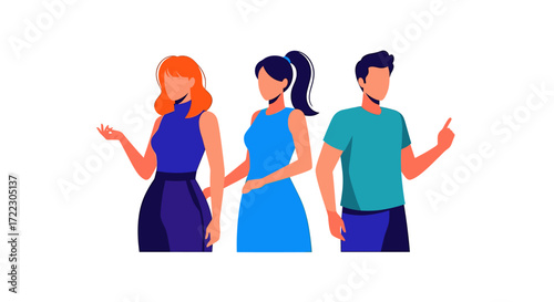 Diverse group of three modern stylized faceless people, two women and one man, engaged in professional discussion and collaborative interaction concept