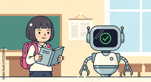 Happy young student girl with backpack reading a book next to a friendly robot showing a checkmark on its screen in a modern classroom setting