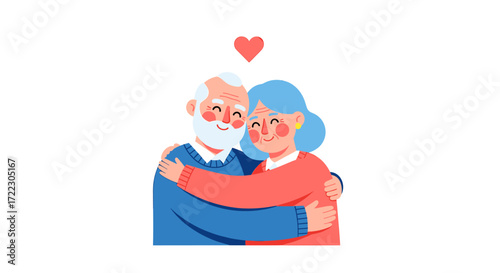 Happy senior couple embracing affectionately, depicting lasting love and strong family bonds in a heartwarming modern illustration.