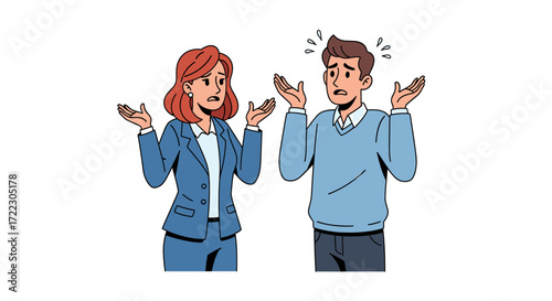 A confused man and woman shrugging with anxious and clueless expressions. Business people problem concept as a cartoon vector illustration.
