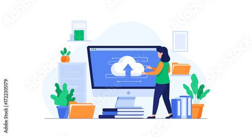 Woman actively uploading important digital data to a secure cloud server using a desktop computer in a modern contemporary office environment