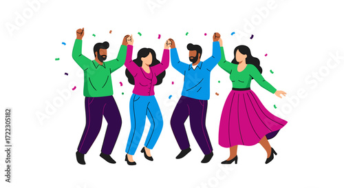 Diverse group of joyful colleagues celebrating success, dancing together with confetti falling on an energetic team event background