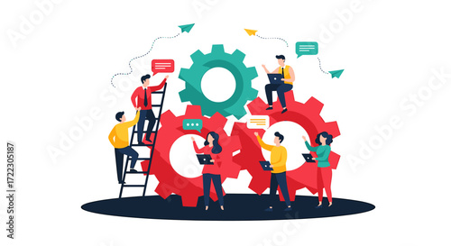 Vector illustration of a business team collaborating, people working with a giant gear mechanism for a project management workflow concept.