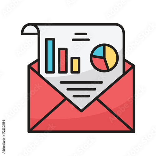 An open red envelope with a document featuring charts and graphs