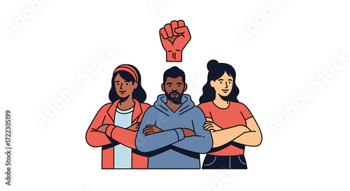 Diverse group of people standing together with arms crossed, symbolizing unity, strength, and solidarity, a raised fist in the background signifies protest and activism