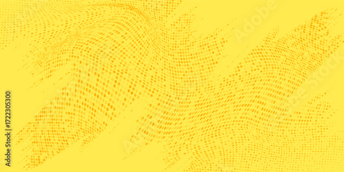 Yellow halftone pattern. Retro comic gradient background. Bright orange pixelated dotted texture overlay. Cartoon pop art faded gradient pattern. Vector backdrop for poster, banner, advertisement