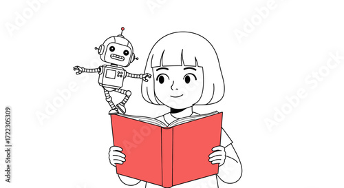 Young child reads a book while a playful robot balances on the pages, representing the intersection of learning, technology, and imagination.