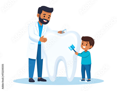 Dentist teaching a young boy proper toothbrushing techniques using a large model tooth.