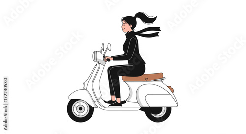 Smiling young woman in black attire joyfully riding a classic white scooter with her scarf flowing in the wind, isolated on white.