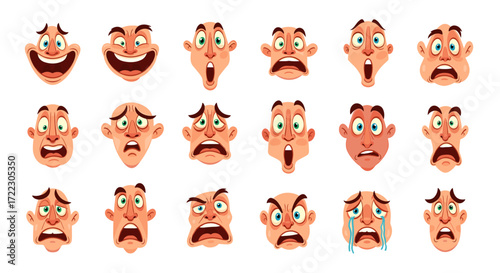 A large set of cartoon character faces showing various human emotions like joy, anger, and sadness, isolated icons for avatar or sticker use
